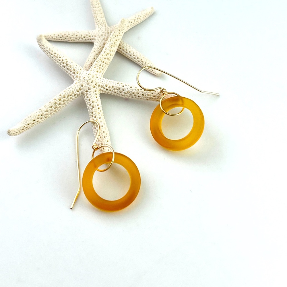 Full Circle Golden Yellow Sea Glass Non Tarnishing Gold Wirework Earrings